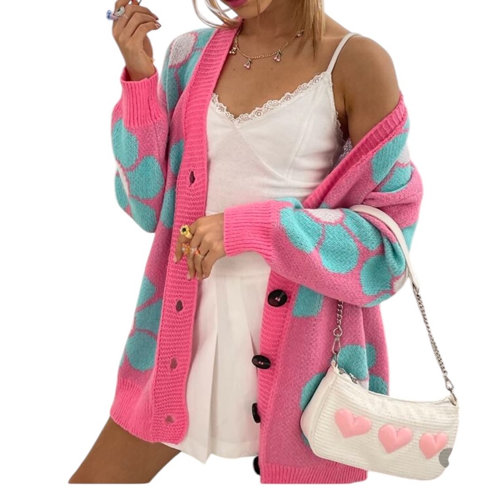 NWT Flirla Pink Sweater with Teal Floral Pattern